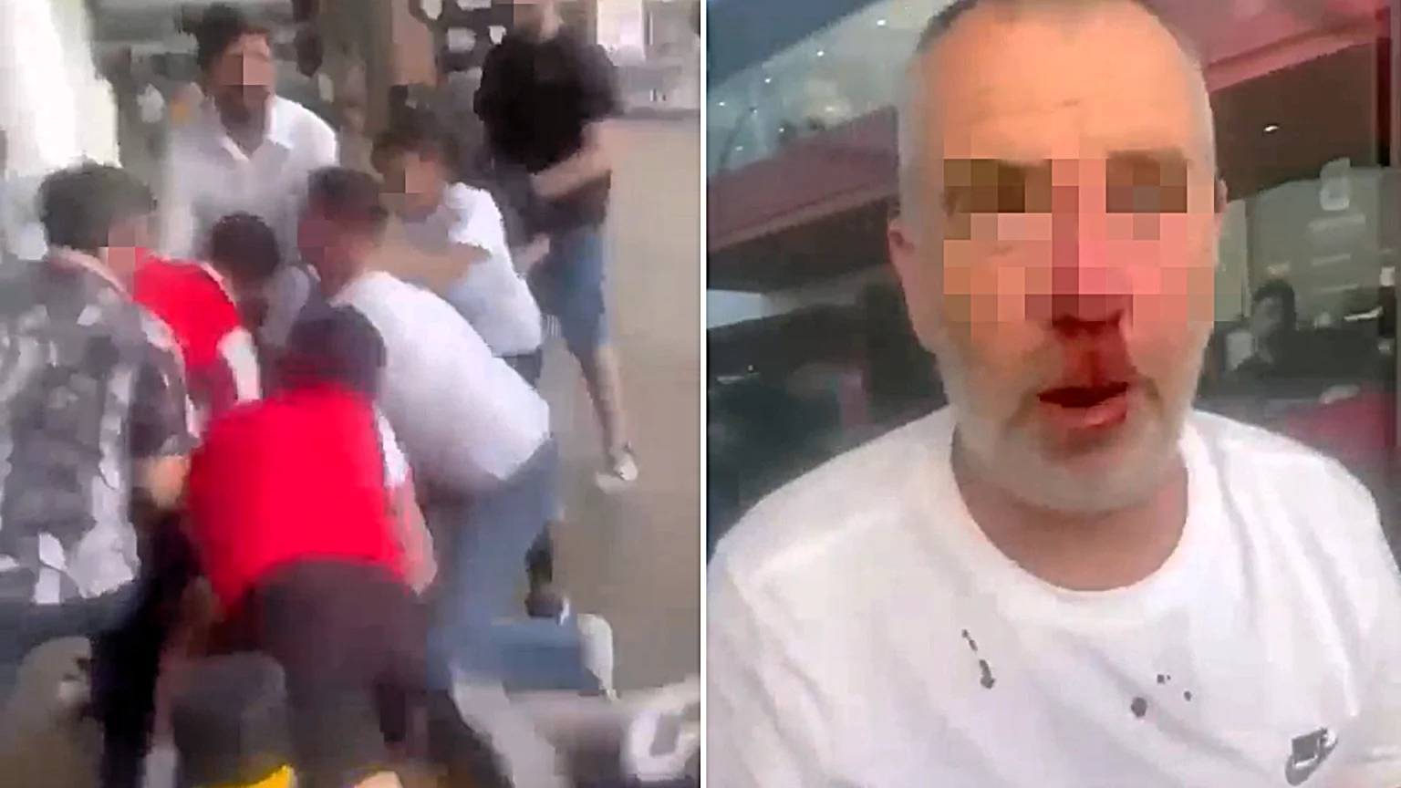 Huge brawl breaks out outside East London sports bar after Arsenal's heartbreaking Champions League defeat to PSG as punches fly and one fan left bloodied in shocking scenes.