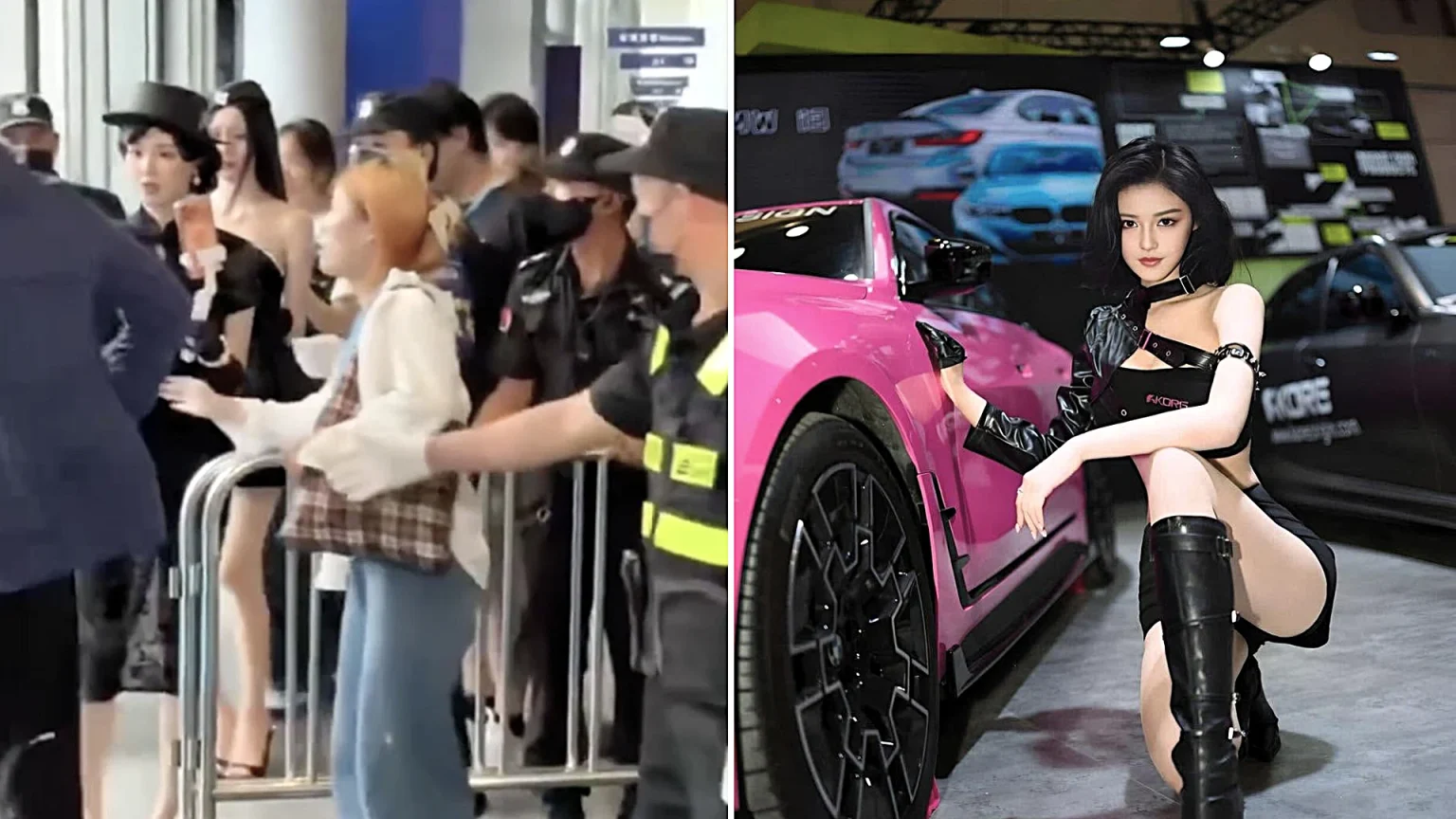 A knifeman burst from a crowd and allegedly lunged at a car model influencer during a live stream at a Chinese motor show - security pinned him down as she fled uninjured.