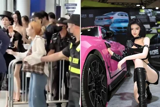 A knifeman burst from a crowd and allegedly lunged at a car model influencer during a live stream at a Chinese motor show - security pinned him down as she fled uninjured.
