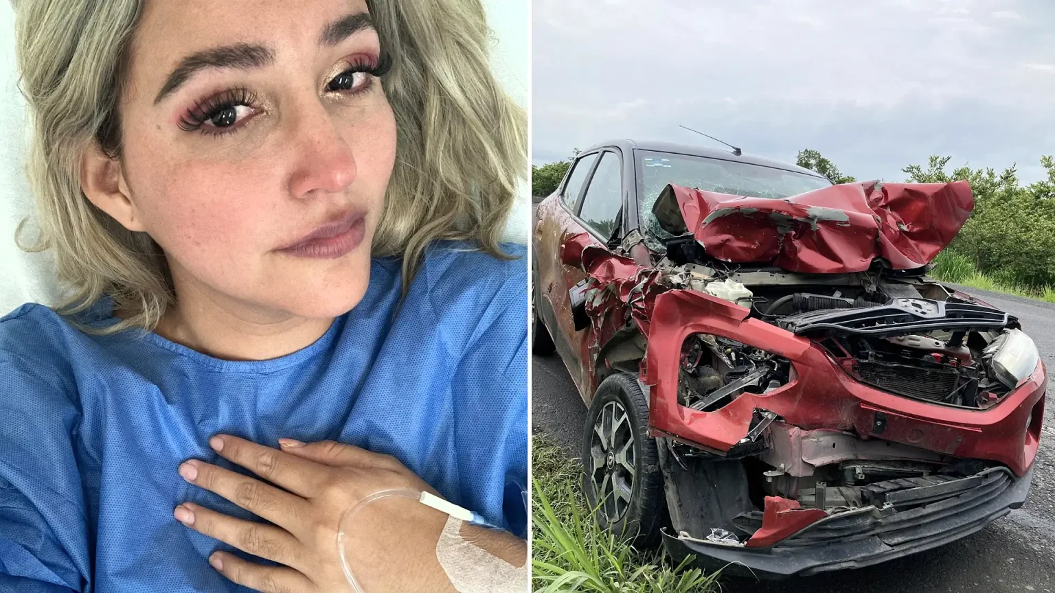 An influencer was hospitalised after her car was destroyed when a cow crossed a Mexican motorway in front of her - she shared a photo from her hospital bed warning others to take care.
