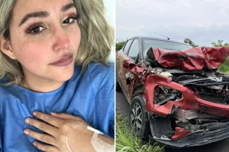 An influencer was hospitalised after her car was destroyed when a cow crossed a Mexican motorway in front of her - she shared a photo from her hospital bed warning others to take care.