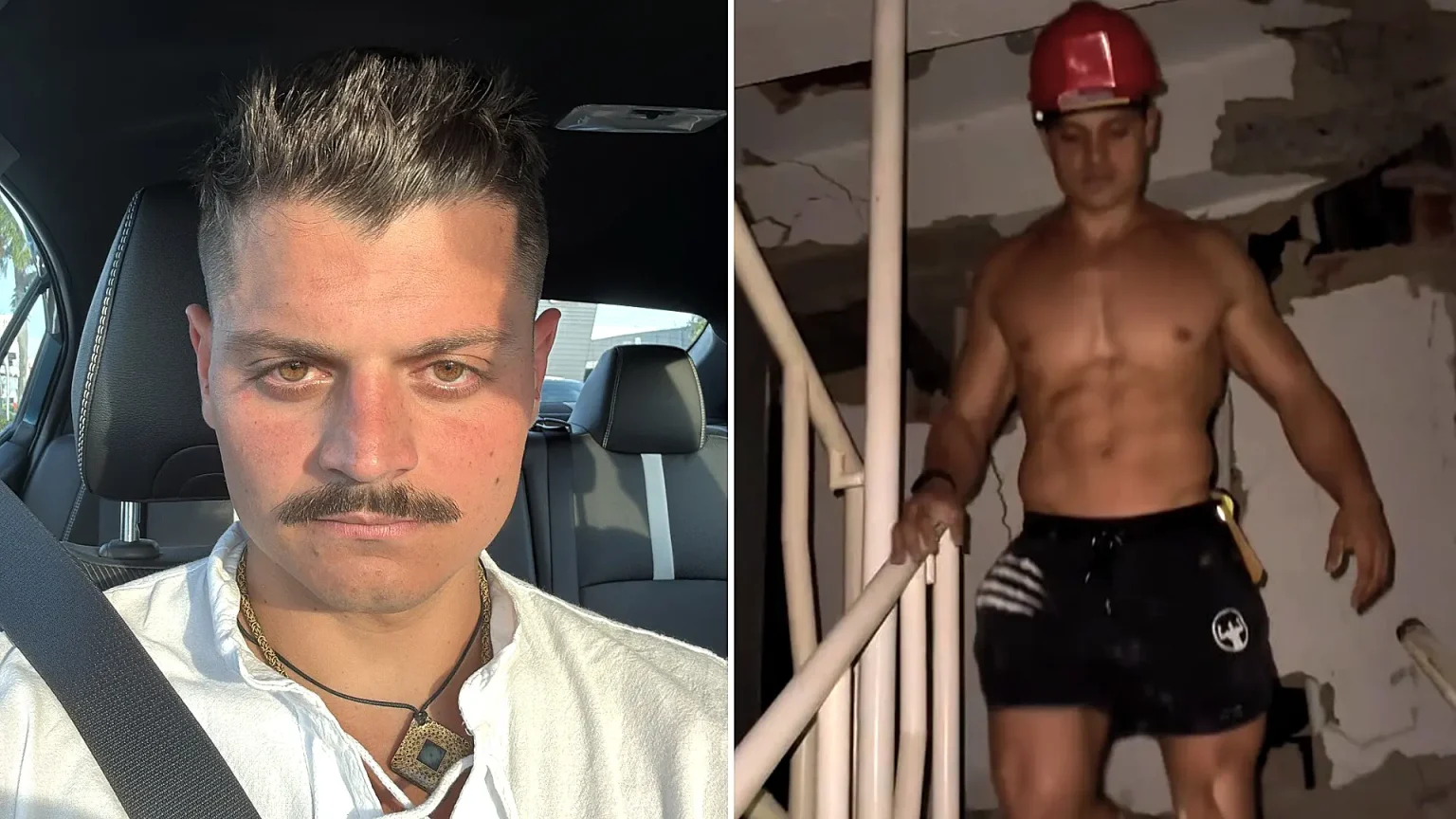 Influencer slammed for showing off his chiselled torso in just shorts and a hard hat while "helping" with earthquake relief - as viewers say he did nothing useful.