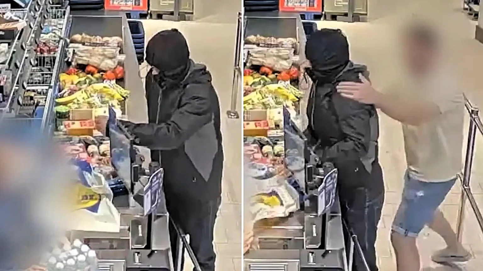 A have-a-go hero grabbed an "armed" robber by the neck and shoved him into a barrier at a Lidl in the Netherlands - the suspect fled empty-handed as the customer chased him out.