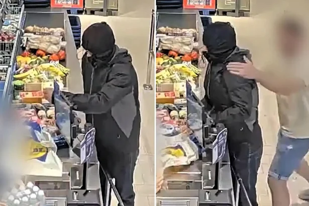 A have-a-go hero grabbed an "armed" robber by the neck and shoved him into a barrier at a Lidl in the Netherlands - the suspect fled empty-handed as the customer chased him out.