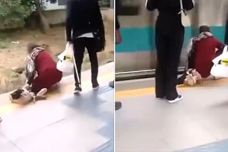 A young girl fell through the platform gap at a Sao Paulo station and a train passed over her - but she escaped without a scratch after her father calmly told her to curl up.