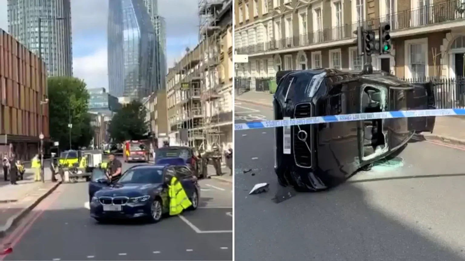 A fleeing driver caused an undercover police car to flip on a London street after a handbrake turn went spectacularly wrong, sending officers and a tuktuk driver to hospital.