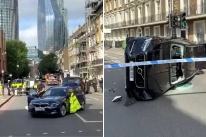 A fleeing driver caused an undercover police car to flip on a London street after a handbrake turn went spectacularly wrong, sending officers and a tuktuk driver to hospital.