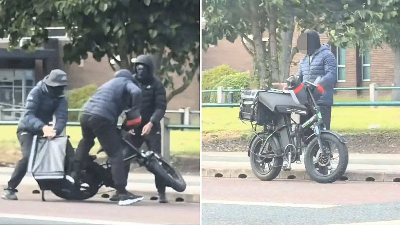A delivery rider in Leeds was swarmed by four masked thugs on motorised bikes who tried to rip open his carrier box - but he sprawled across his bike and foiled the robbery.