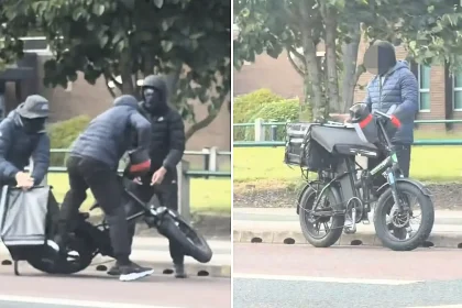 A delivery rider in Leeds was swarmed by four masked thugs on motorised bikes who tried to rip open his carrier box - but he sprawled across his bike and foiled the robbery.