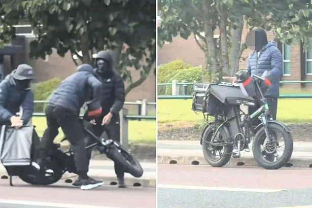 A delivery rider in Leeds was swarmed by four masked thugs on motorised bikes who tried to rip open his carrier box - but he sprawled across his bike and foiled the robbery.