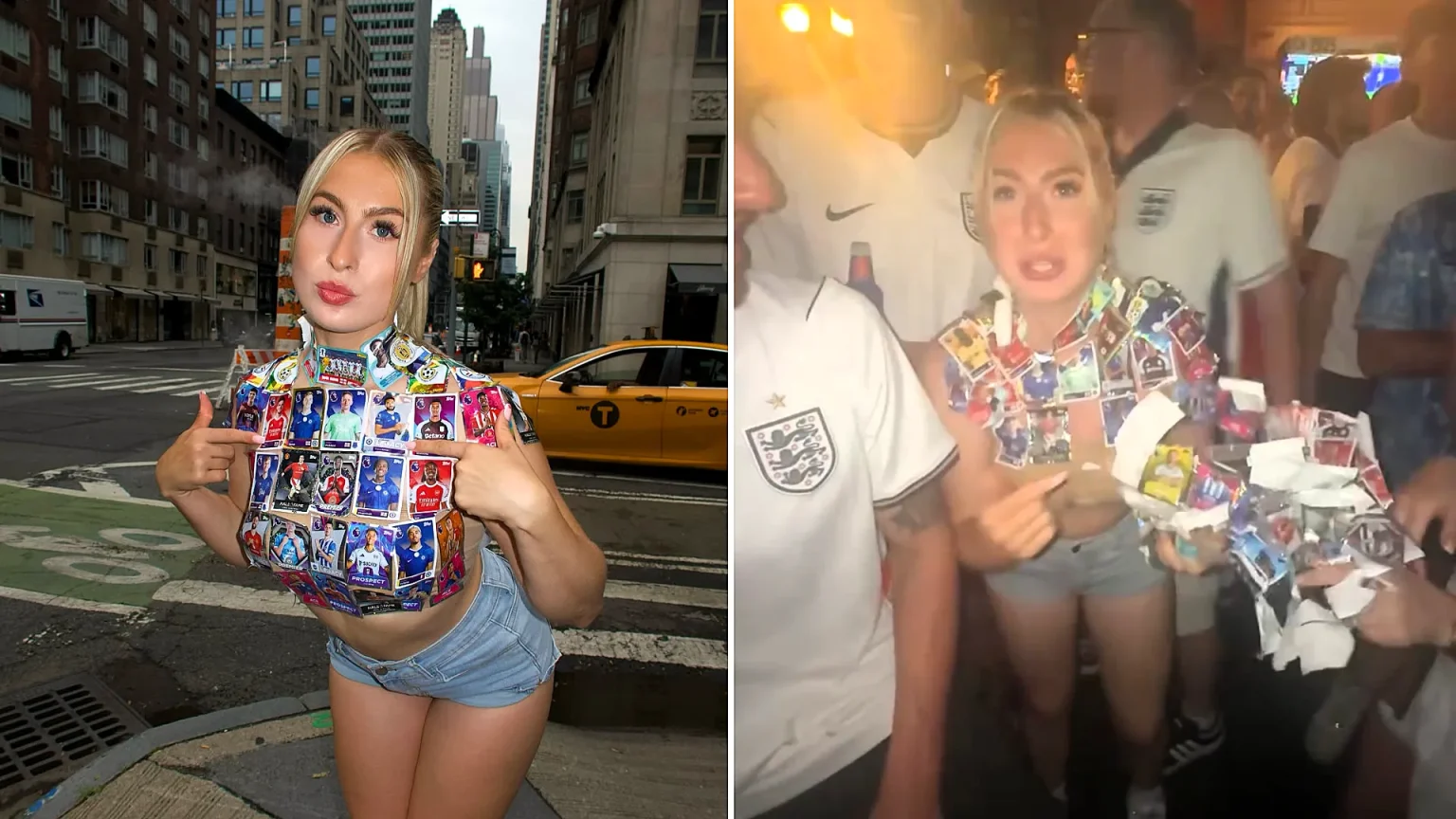 A model's top made entirely from England football stickers peeled apart at a New York bar during the match - leaving her in just a bra in front of a packed crowd of Three Lions fans.