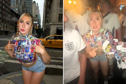A model's top made entirely from England football stickers peeled apart at a New York bar during the match - leaving her in just a bra in front of a packed crowd of Three Lions fans.