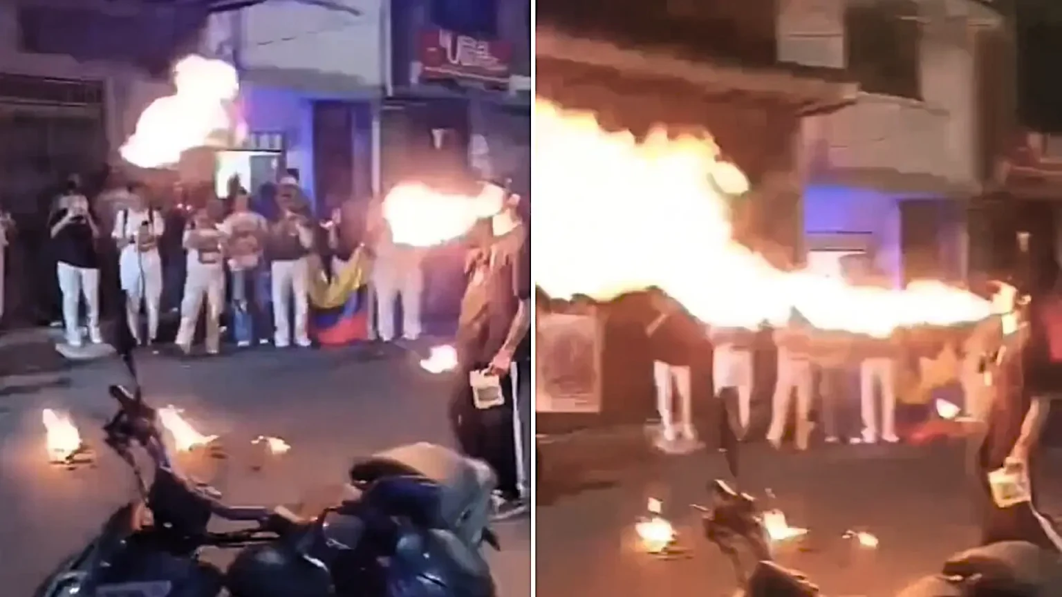 A fire breather's face was engulfed in a fireball at a Colombian political rally - terrified onlookers rushed in to smother the flames before he was rushed to hospital.