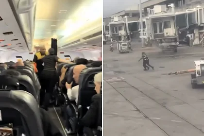 Terrifying footage shows passengers gripping their seats as their plane violently rocked side to side on the runway during Venezuela's earthquakes, with workers fleeing across the tarmac.