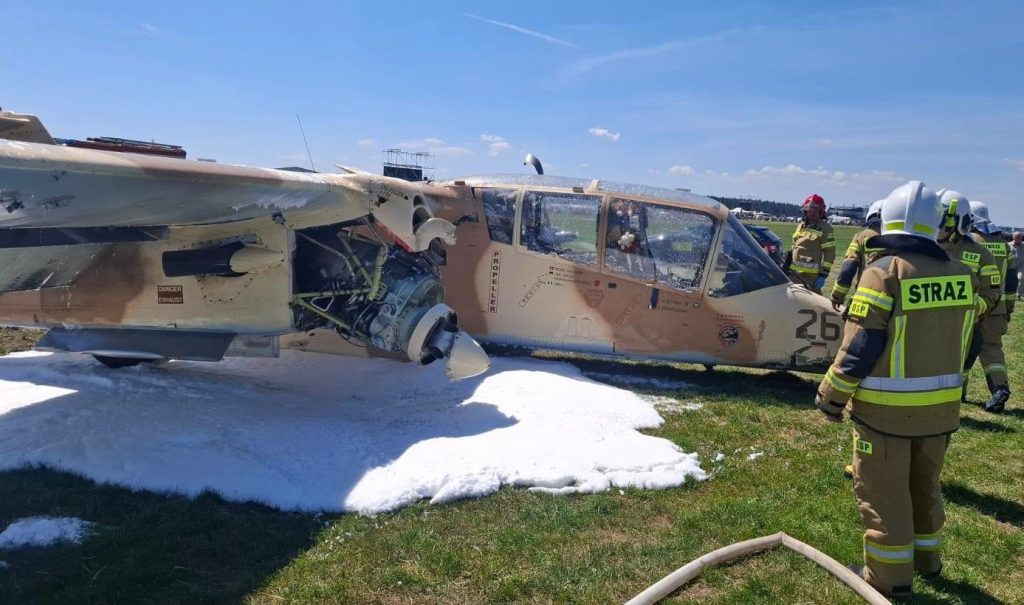 A pilot walked away unscathed after his plane snapped in half during an emergency landing at a Polish airshow - the landing gear failed to deploy during a test flight before the event.