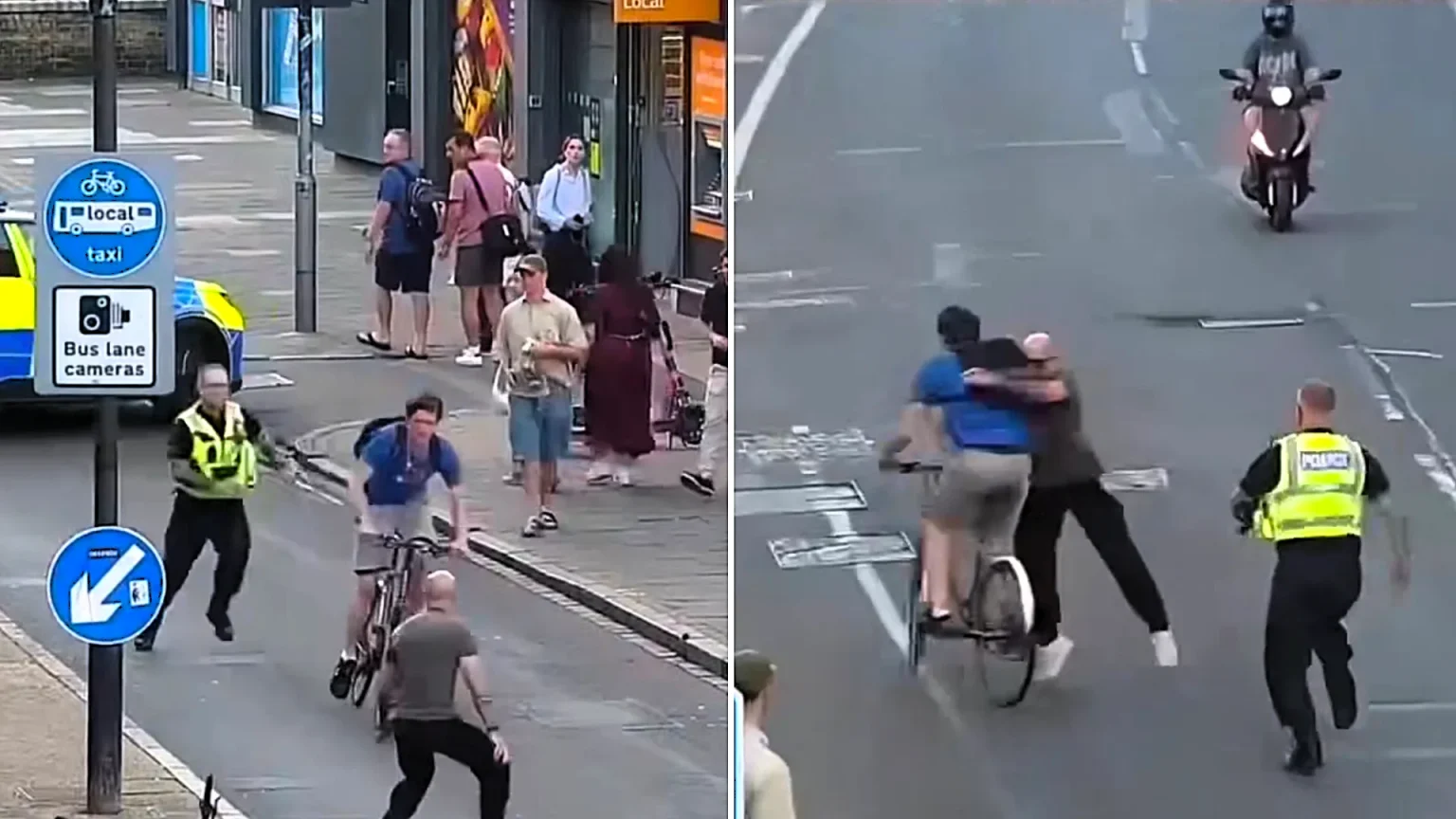 A plain clothes police officer has been praised after rugby tackling a wanted man off his bike in a crowded Cambridge city centre, with the fugitive now charged with several offences.