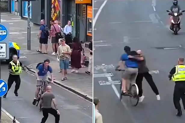 A plain clothes police officer has been praised after rugby tackling a wanted man off his bike in a crowded Cambridge city centre, with the fugitive now charged with several offences.