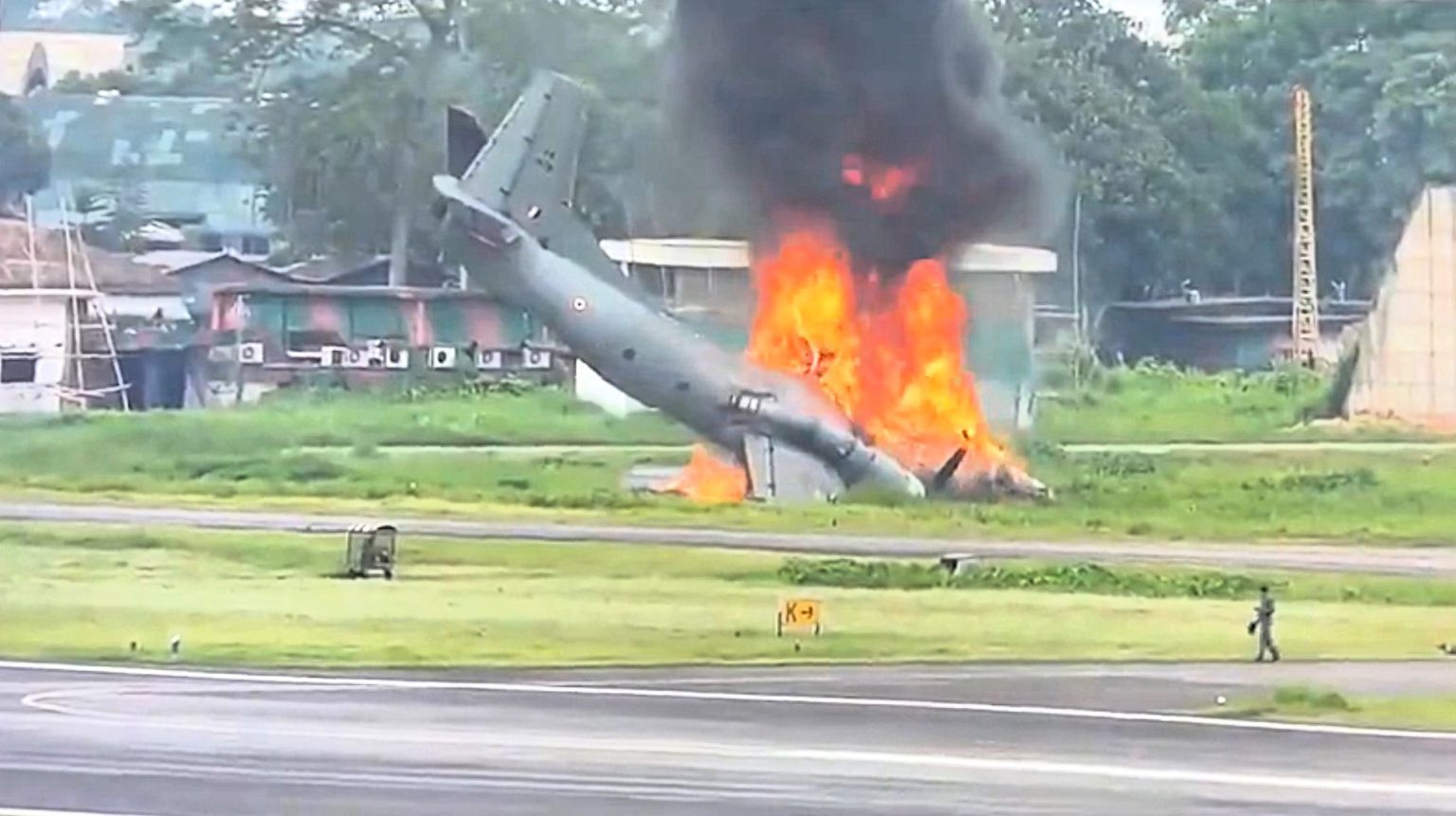 An Indian Air Force transport plane veered off a runway and erupted in a fireball during a training sortie, killing five personnel - the co-pilot miraculously survived the crash.