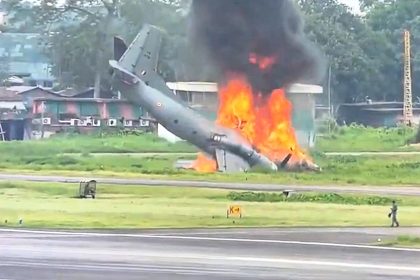 An Indian Air Force transport plane veered off a runway and erupted in a fireball during a training sortie, killing five personnel - the co-pilot miraculously survived the crash.