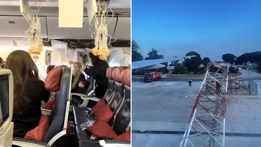 A Turkish Airlines Boeing 777 struck a radar mast while taxiing at Antalya Airport, sending the pole through the fuselage and triggering oxygen masks to drop throughout the cabin.