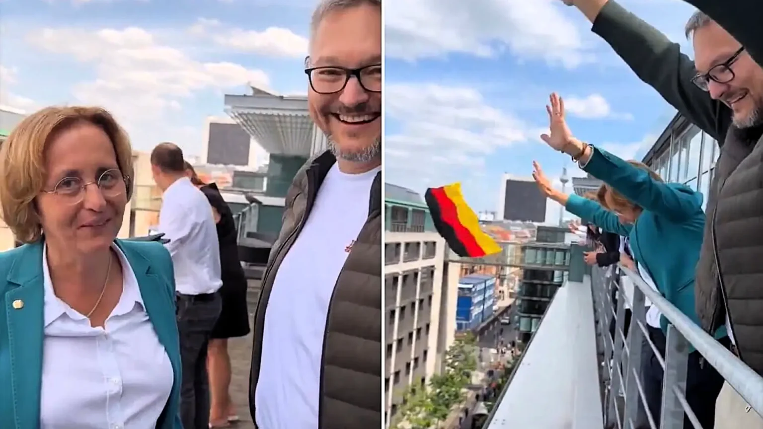 AfD politicians were stunned when police arrived at their Bundestag balcony for waving the German flag at a protest - one officer reportedly looked embarrassed himself.