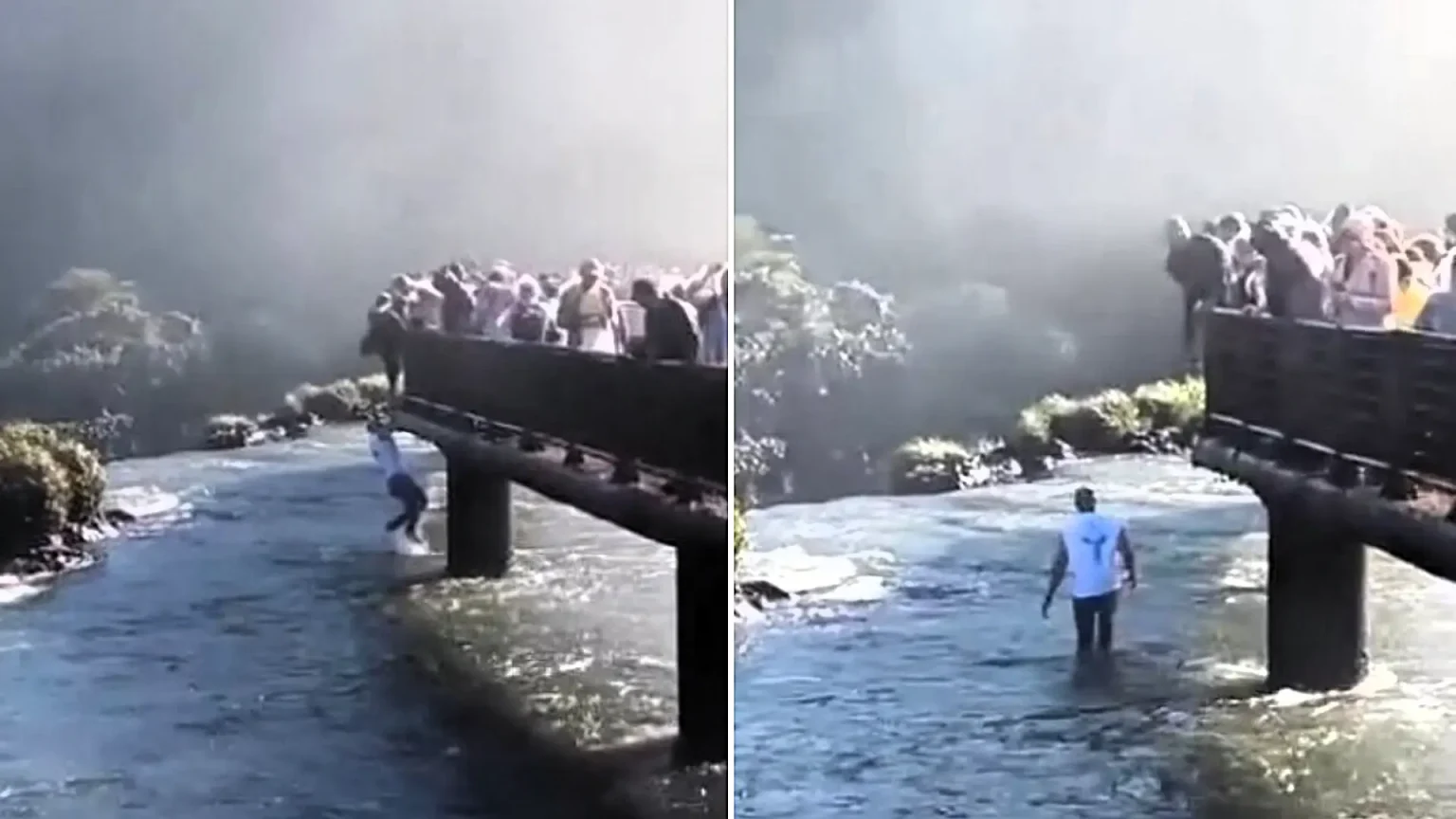 A reckless tourist clambered over a barrier and lowered himself into the river at Iguazu Falls to retrieve a dropped phone, just yards from the deadly waterfall's edge.