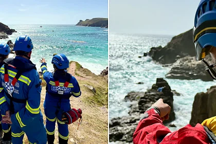 Rescuers rushed to a woman stranded on a tiny rock surrounded by sea in Cornwall after locals spotted her sitting in a chair - crews had to wait hours for the tide to drop to reach her.