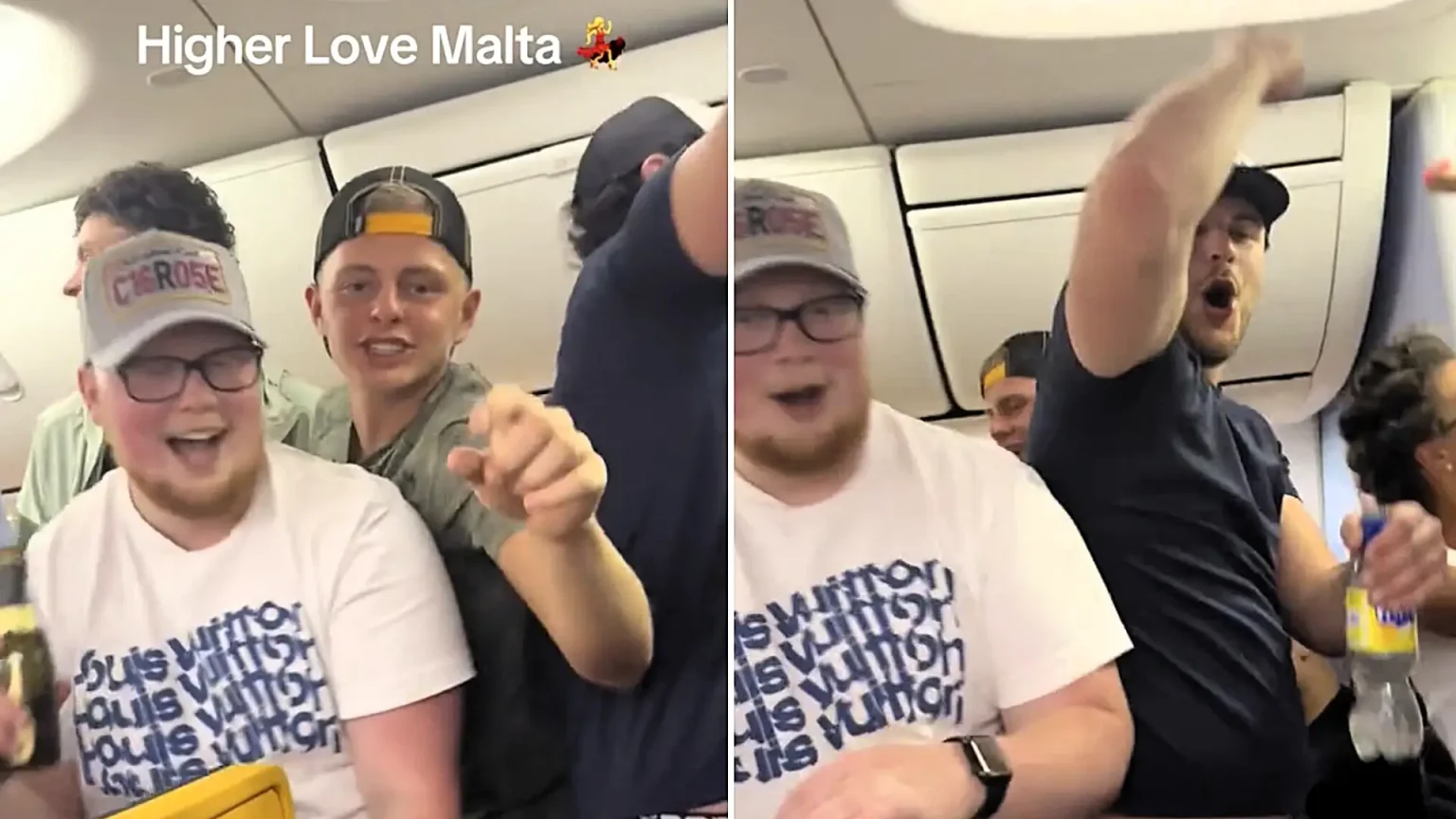 Rowdy Brits turned a Ryanair flight to Malta into a mid-air party after a passenger threw a bottle at another traveller - and the whole cabin erupted into cheers and dancing.