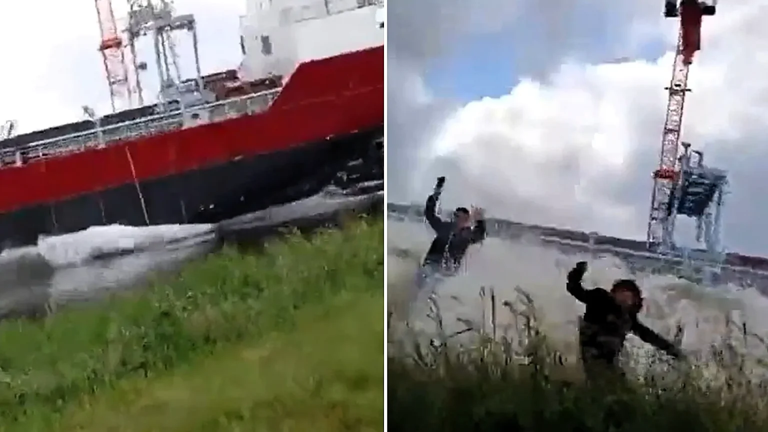 Dutch schoolchildren were swept off their feet by a massive wave after watching a cargo ship launch up close - seconds after one pupil confidently declared: "There won't even be any water."