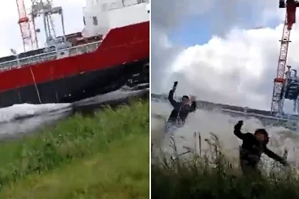 Dutch schoolchildren were swept off their feet by a massive wave after watching a cargo ship launch up close - seconds after one pupil confidently declared: "There won't even be any water."