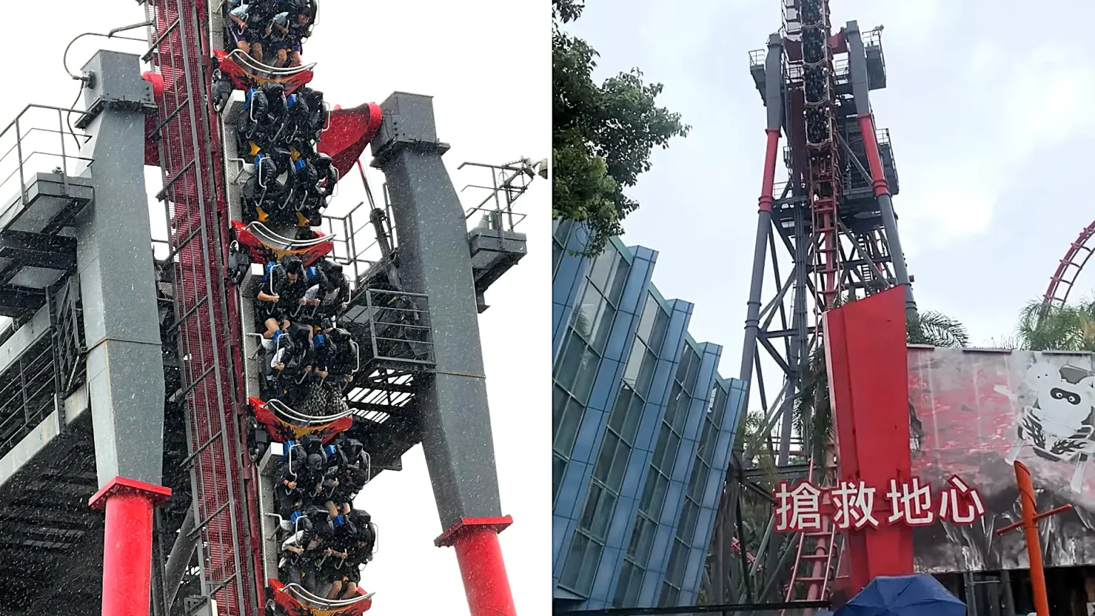 Twenty riders including schoolchildren were left dangling face-down at a near-vertical angle on a Taiwan rollercoaster for eight minutes as torrential rain lashed down.
