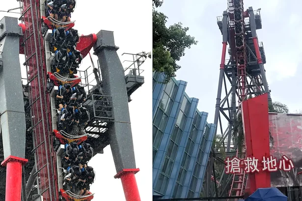 Twenty riders including schoolchildren were left dangling face-down at a near-vertical angle on a Taiwan rollercoaster for eight minutes as torrential rain lashed down.