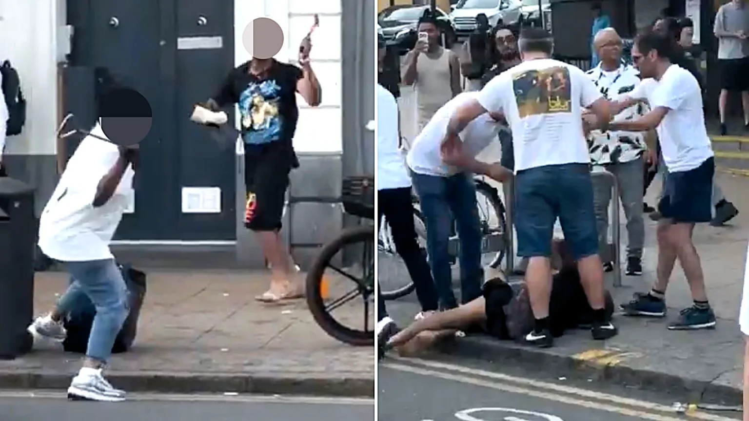 A street brawl erupted outside Wood Green Tube station as temperatures hit 30C - with three men wielding camping chairs to chase and attack another man before bystanders stepped in.