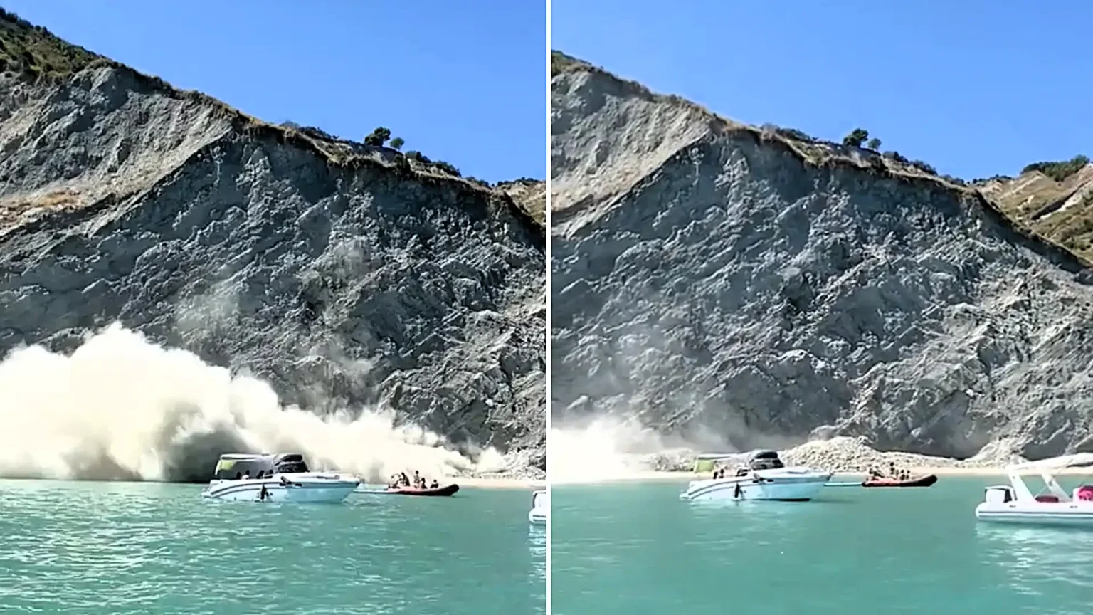A cliff collapsed onto swimmers and boats at a popular Italian beauty spot - dramatic footage shows boulders and a huge dust cloud crashing into the bay at Portonovo.