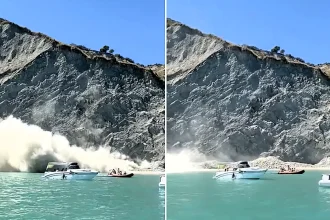 A cliff collapsed onto swimmers and boats at a popular Italian beauty spot - dramatic footage shows boulders and a huge dust cloud crashing into the bay at Portonovo.