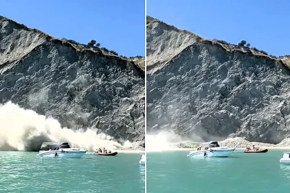A cliff collapsed onto swimmers and boats at a popular Italian beauty spot - dramatic footage shows boulders and a huge dust cloud crashing into the bay at Portonovo.