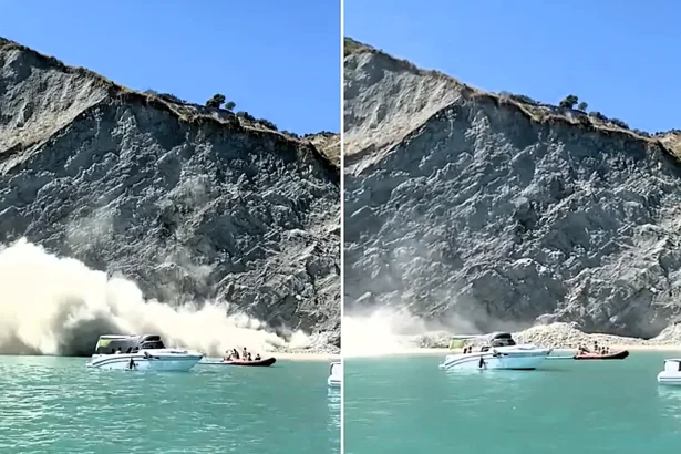 A cliff collapsed onto swimmers and boats at a popular Italian beauty spot - dramatic footage shows boulders and a huge dust cloud crashing into the bay at Portonovo.