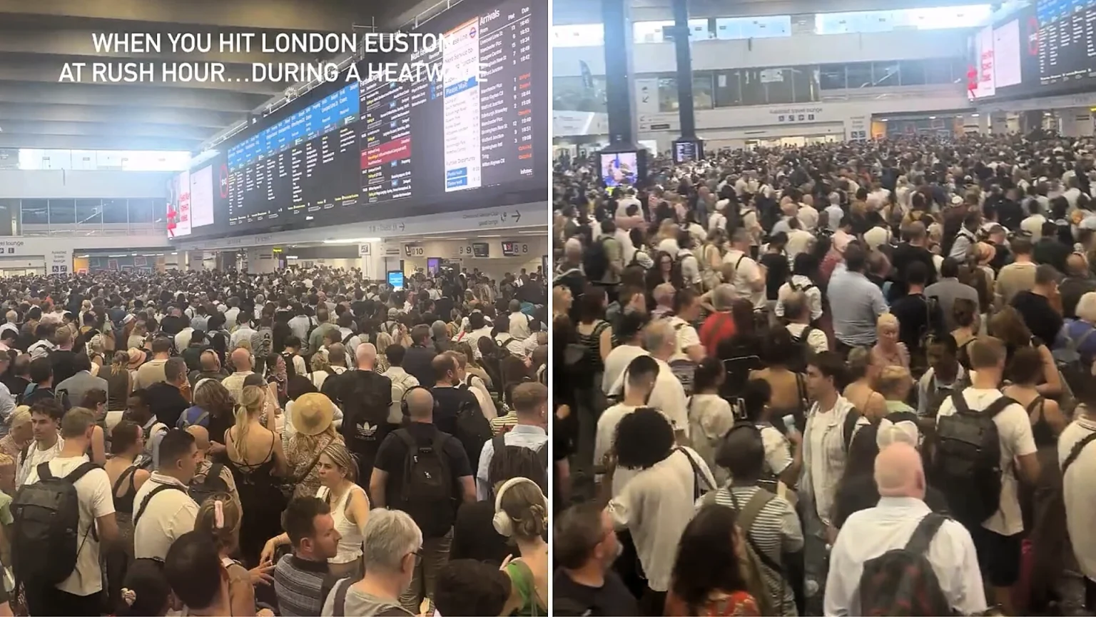 Thousands of commuters were stranded at Euston Station as 37C heat forced rail bosses to introduce a reduced timetable - with passengers urged to travel only if "absolutely necessary."