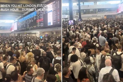 Thousands of commuters were stranded at Euston Station as 37C heat forced rail bosses to introduce a reduced timetable - with passengers urged to travel only if "absolutely necessary."