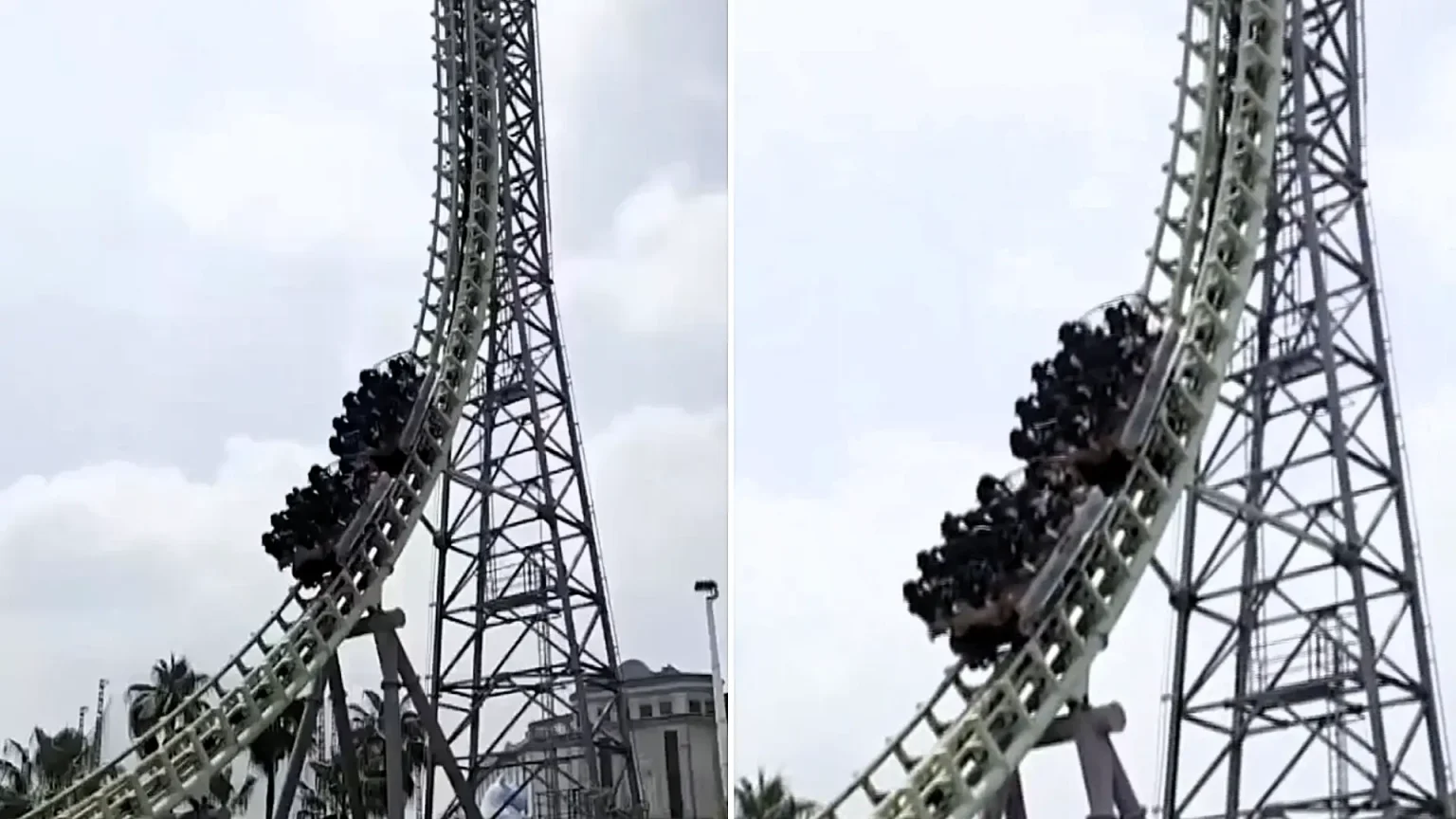 Fifteen riders were stranded 60 metres in the air when a rollercoaster stopped at a 45-degree angle in pouring rain in Taiwan - one saw his life flash before his eyes.