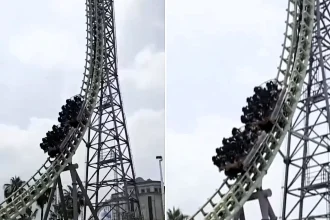 Fifteen riders were stranded 60 metres in the air when a rollercoaster stopped at a 45-degree angle in pouring rain in Taiwan - one saw his life flash before his eyes.