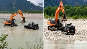 Two tourists and their dogs had to be rescued by helicopter and river teams after driving their pickup truck into a fast-flowing Italian river - and getting stranded in the middle.
