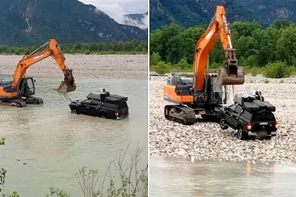 Two tourists and their dogs had to be rescued by helicopter and river teams after driving their pickup truck into a fast-flowing Italian river - and getting stranded in the middle.