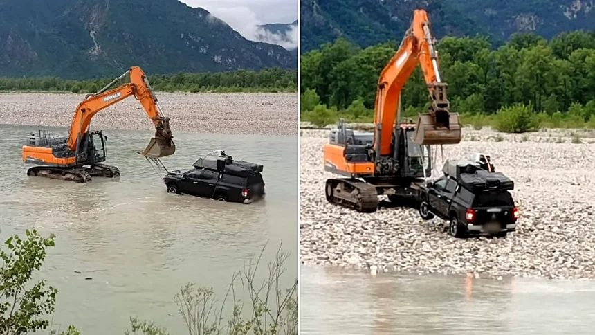 Two tourists and their dogs had to be rescued by helicopter and river teams after driving their pickup truck into a fast-flowing Italian river - and getting stranded in the middle.