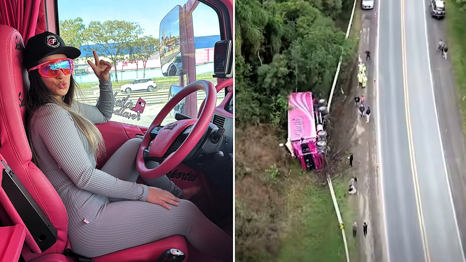 Influencer truck driver Gabriely Franciscon walked away unscathed after her pink lorry flipped into a ditch following a head-on crash on a Brazilian highway at 4am.