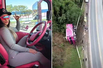 Influencer truck driver Gabriely Franciscon walked away unscathed after her pink lorry flipped into a ditch following a head-on crash on a Brazilian highway at 4am.