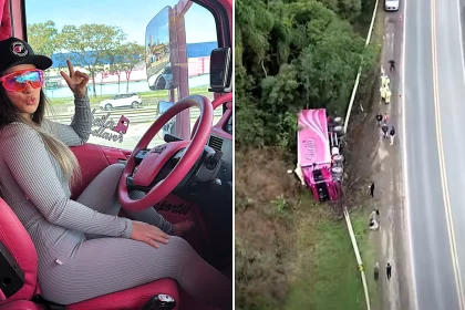 Influencer truck driver Gabriely Franciscon walked away unscathed after her pink lorry flipped into a ditch following a head-on crash on a Brazilian highway at 4am.