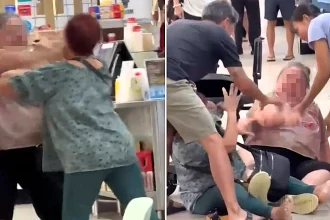 Two elderly women were filmed brawling with their walking aids in a Singapore coffee shop, trading blows and grappling on the floor in a fight that left one OAP hospitalised.