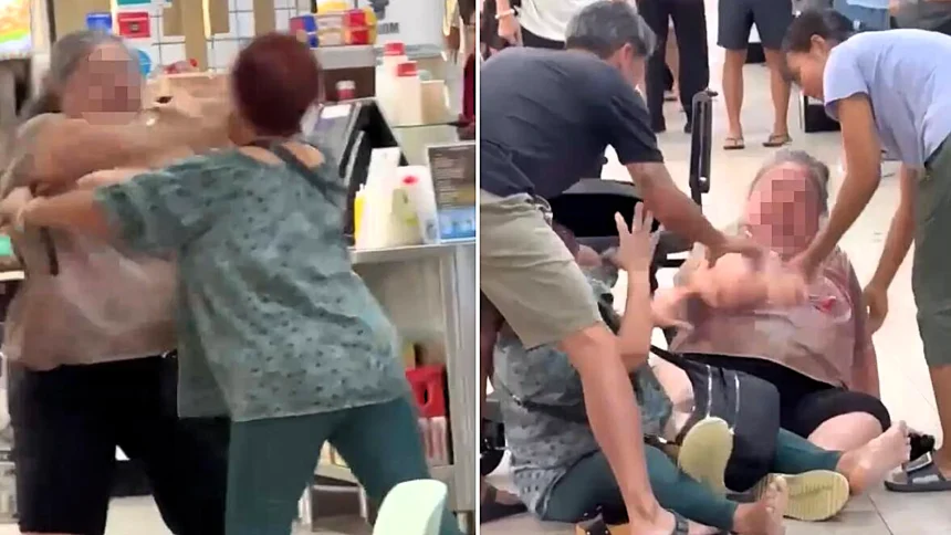 Two elderly women were filmed brawling with their walking aids in a Singapore coffee shop, trading blows and grappling on the floor in a fight that left one OAP hospitalised.