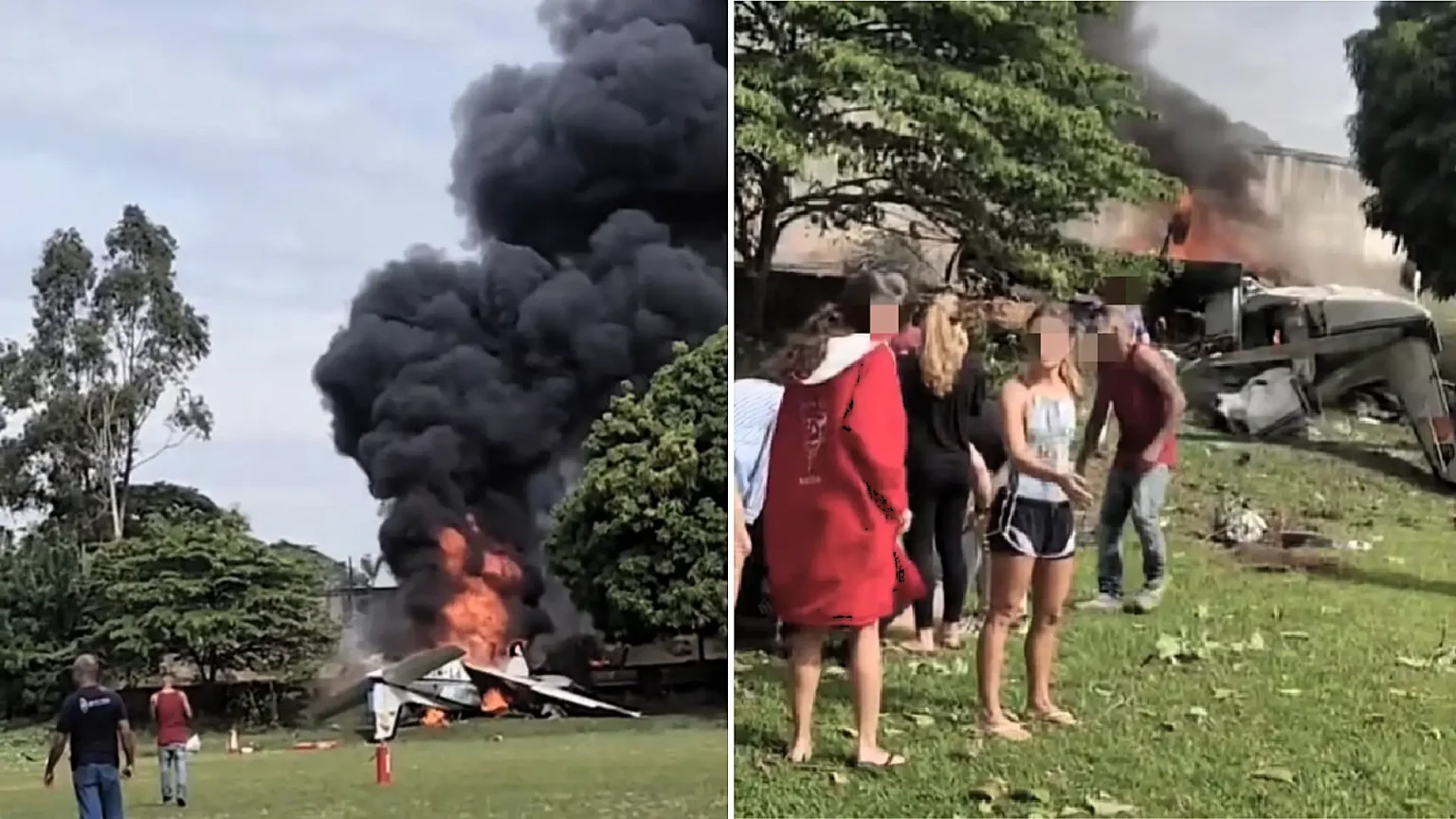 Two pilots died as a plane burst into flames in Brazil - one was heard calling for help as the fire spread - but sports club staff cut a survivor free from the wreckage.